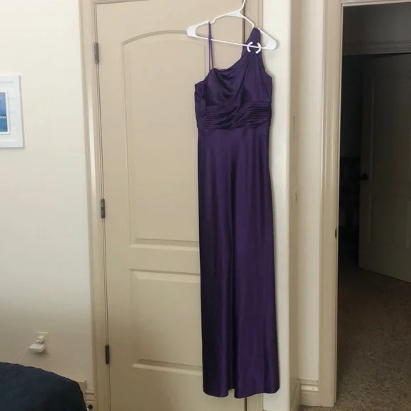 open lace back dress Light Purple One Shoulder Foil Draped Popover Gown main image 1